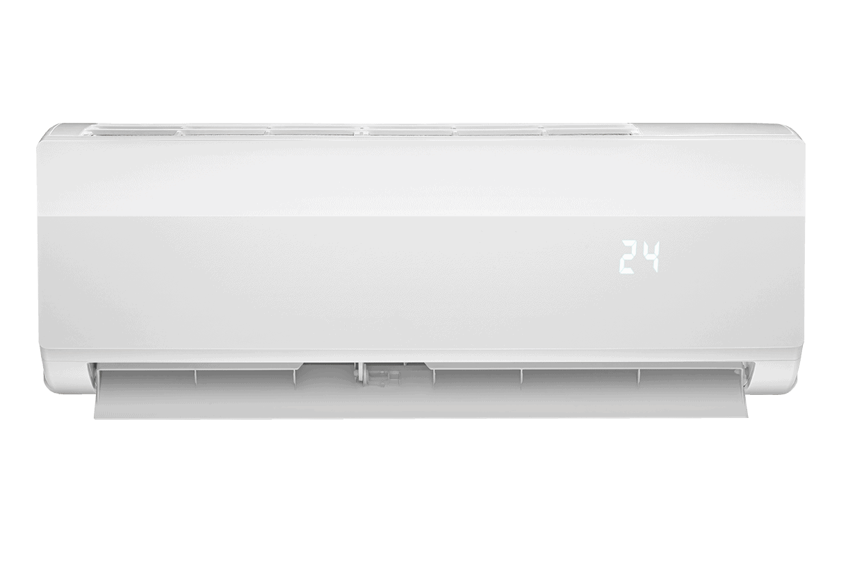 A white wall-mounted indoor air-conditioning unit is shown front-on against a neutral gray background. Its lower flap is open, and a bright digital display reads 24 on the right side of the panel. The image is a simple product cutout with soft shadowing and no accessories.