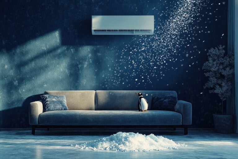 A dark blue living-room scene contains a wall-mounted air-conditioning unit above a long sofa. A small penguin figure sits on the sofa, while a mound of white snow lies on the floor and bright speckled highlights fill the upper right. The cool blue palette and snowy floor create a stylized winter composition.