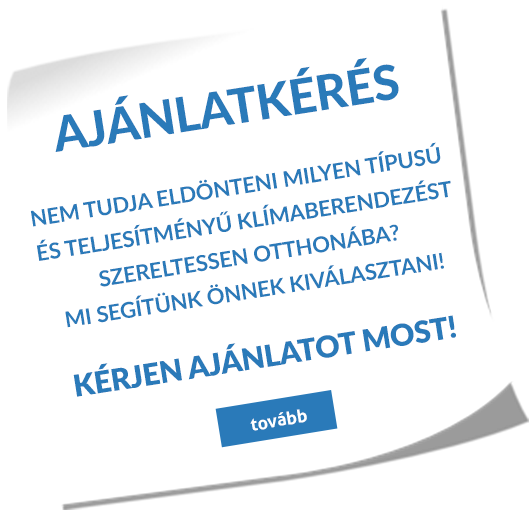 A tilted white panel with a dark curved border contains blue Hungarian lettering. The large headings read “AJÁNLATKÉRÉS” and “KÉRJEN AJÁNLATOT MOST!” A blue rectangular button near the bottom reads “tovább.”