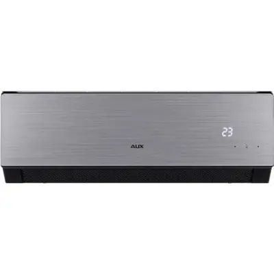 A dark-gray wall-mounted air-conditioning unit is shown straight on against white. The front panel has fine horizontal texture, with the centered logo reading "AUX". A small illuminated display on the right reads "23". A black horizontal outlet grille runs along the lower edge.