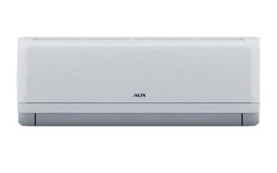 A light-gray wall-mounted air-conditioning unit is shown straight on against a white background. The broad front face is divided from a darker gray lower outlet panel by a thin horizontal seam. The centered logo reads "AUX". A very narrow grille-like line runs along the top edge.