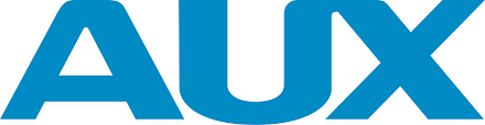 Large cyan-blue uppercase letters read “AUX” across a white background. The letters use a heavy geometric sans-serif style, with the A and U extending close to the image edges. No other text or objects are visible.