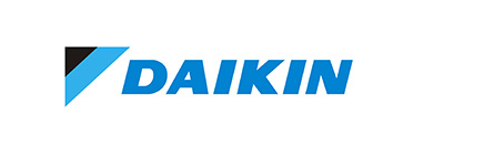 A blue DAIKIN wordmark and an angular black-and-cyan symbol sit on a white background. The letters read “DAIKIN.” No other text or objects are visible.