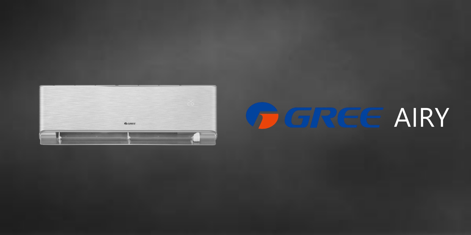 A silver wall-mounted indoor air-conditioning unit is shown against a charcoal-gray background, with its outlet louvers open. A small Gree mark is visible on the unit. Large lettering beside it reads “GREE AIRY.”