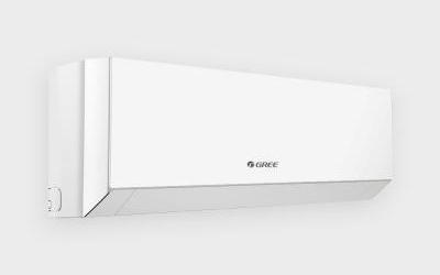 A white wall-mounted air-conditioning unit is shown at an angle, revealing its left end and lower edge. The smooth front casing slopes slightly toward the right, with the lower air outlet visible beneath it. The centered logo reads "GREE". The background is light gray and otherwise empty.