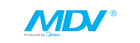 The image shows a blue “MDV” wordmark on a white background, with a small registered trademark symbol at the upper right. A gray italic line beneath reads “Produced by Midea,” followed by a small blue Midea mark. The rest of the image is blank white space.