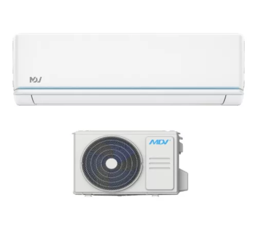A product image on a white background shows a white indoor air-conditioning unit near the top and a separate outdoor unit below it. The outdoor casing has a large circular fan grille on its left half and blue lettering that reads "MDV" on the right. The indoor unit has a narrow blue accent line near its bottom edge. No other text is clearly readable.
