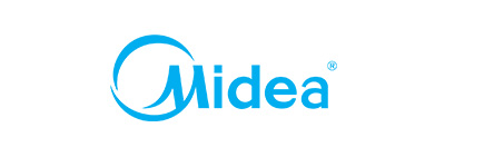 A blue Midea wordmark is centered on a plain white rectangular background. The lettering reads “Midea,” with a small registered mark at the upper right. No other objects are visible.