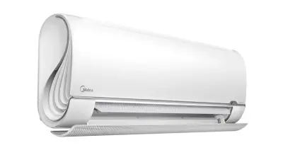 A white wall-mounted air-conditioning unit is shown from a three-quarter angle on a white background. The casing has a rounded, layered contour at the left end, and the lower outlet flap is open to expose a long dark airflow opening. A small logo on the front reads "Midea". The unit occupies most of the image.