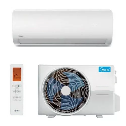 A product image on white shows a white indoor air-conditioning unit across the top, an outdoor condenser at the lower right, and a handheld remote at the lower left. The outdoor unit has a large circular fan with blue blades and a logo reading "Midea". The remote display reads "24" against an orange background. The small mark on the indoor unit is not clearly legible.
