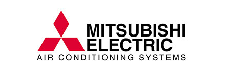 A red three-diamond symbol appears to the left of a black wordmark on white. The text reads “MITSUBISHI ELECTRIC,” with smaller lettering below reading “AIR CONDITIONING SYSTEMS.” The logo is centered in a horizontal layout.