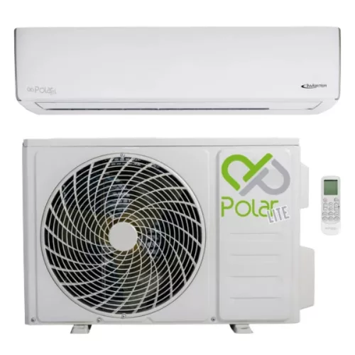 A product image on white shows a white indoor air-conditioning unit across the top, a larger outdoor condenser below, and a handheld remote at the right. The condenser has a prominent circular fan grille on its left side and green-and-gray branding on the right. The large branding reads "Polar LITE". Several smaller marks on the indoor unit are too small to read confidently.