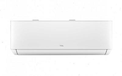 A white indoor air-conditioning unit is shown from the front on a mostly white background. The broad rectangular casing has rounded lower corners and a slim outlet seam along the bottom edge. Small dark “TCL” lettering is visible near the center of the front panel.
