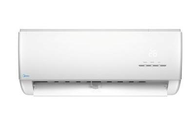 A white rectangular wall-mounted air-conditioning unit is shown from the front against a plain white background. Its lower outlet is open, with a row of dark openings visible along the bottom. On the right side of the front panel, a small display appears to read "26". A tiny blue marking is present near the left end but is too small to identify confidently.