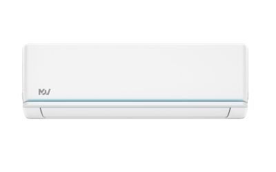 A white wall-mounted air-conditioning indoor unit is shown straight on against a plain white background. Its long rectangular casing has softly rounded corners and a narrow blue accent line near the lower edge. The lower air outlet appears closed, and a small dark mark is visible near the left side of the front panel. No text is clearly legible.