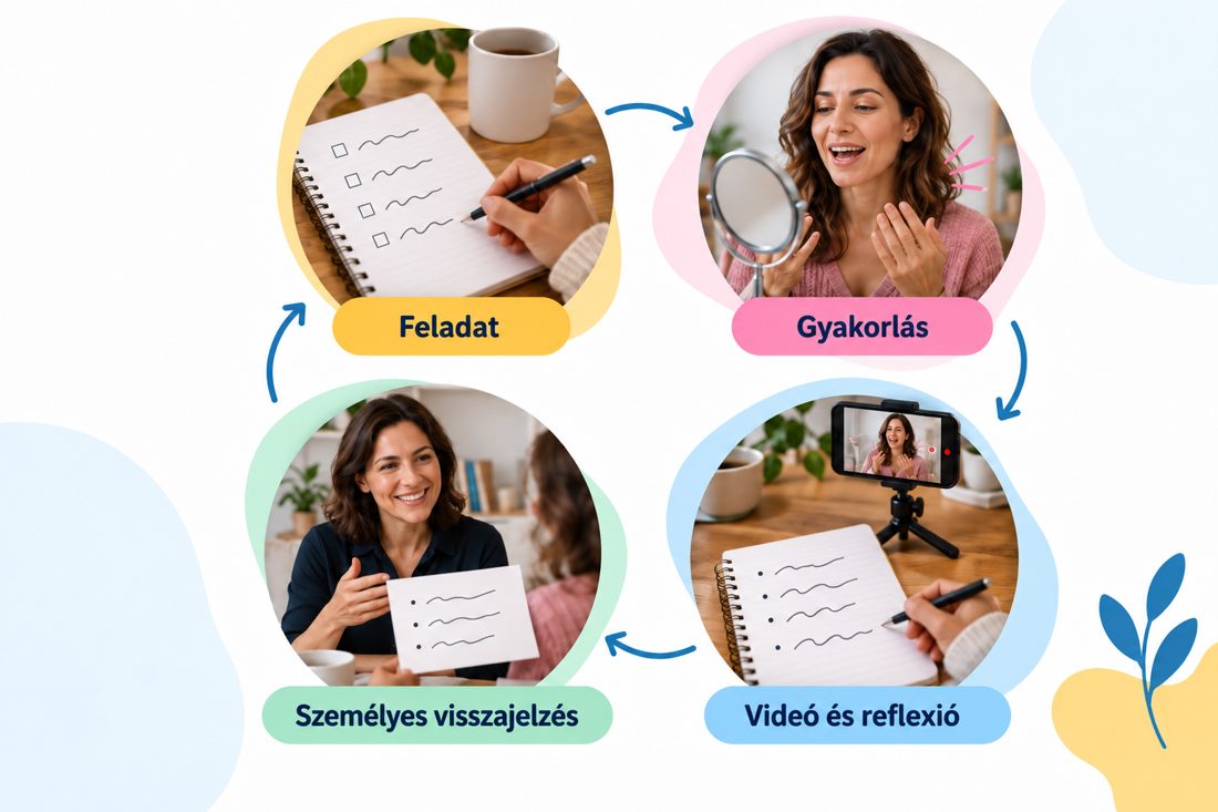 A feladat, gyakorlás, videó és személyes visszajelzés körforgása