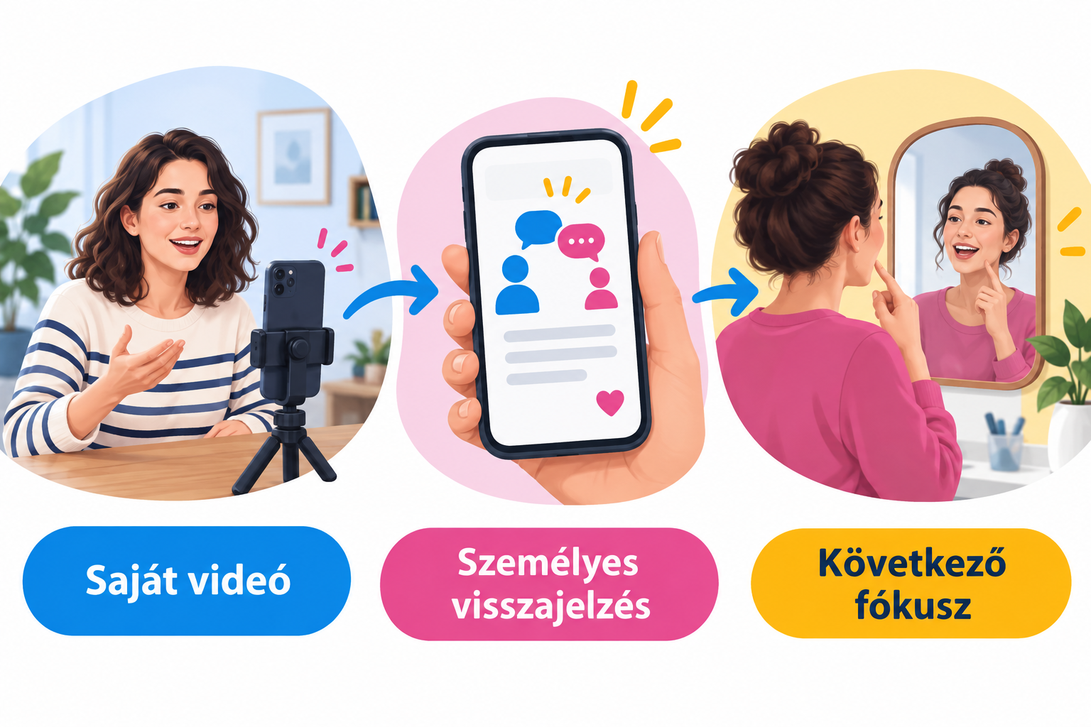 Saját videó, személyes visszajelzés, következő fókusz: a kihívás három lépése illusztrálva