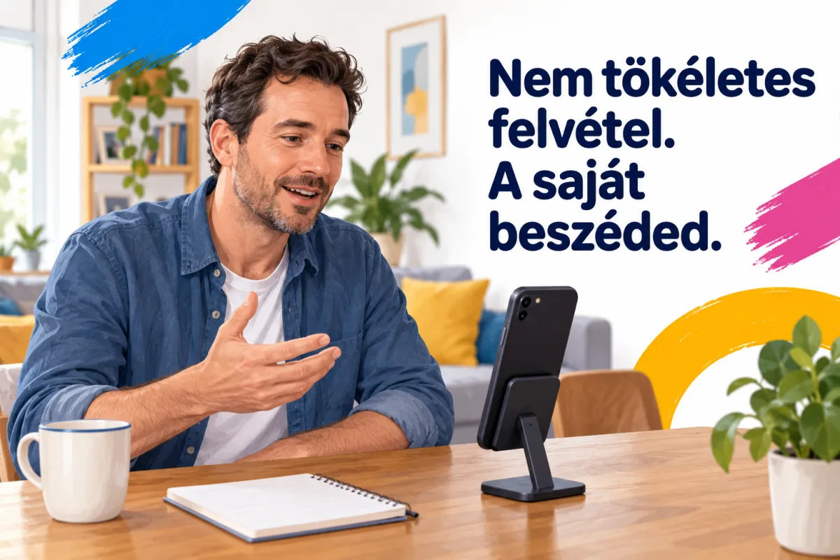 Illusztráció: egy férfi az asztalnál a telefonjába beszél. Felirat: Nem tökéletes felvétel. A saját beszéded.