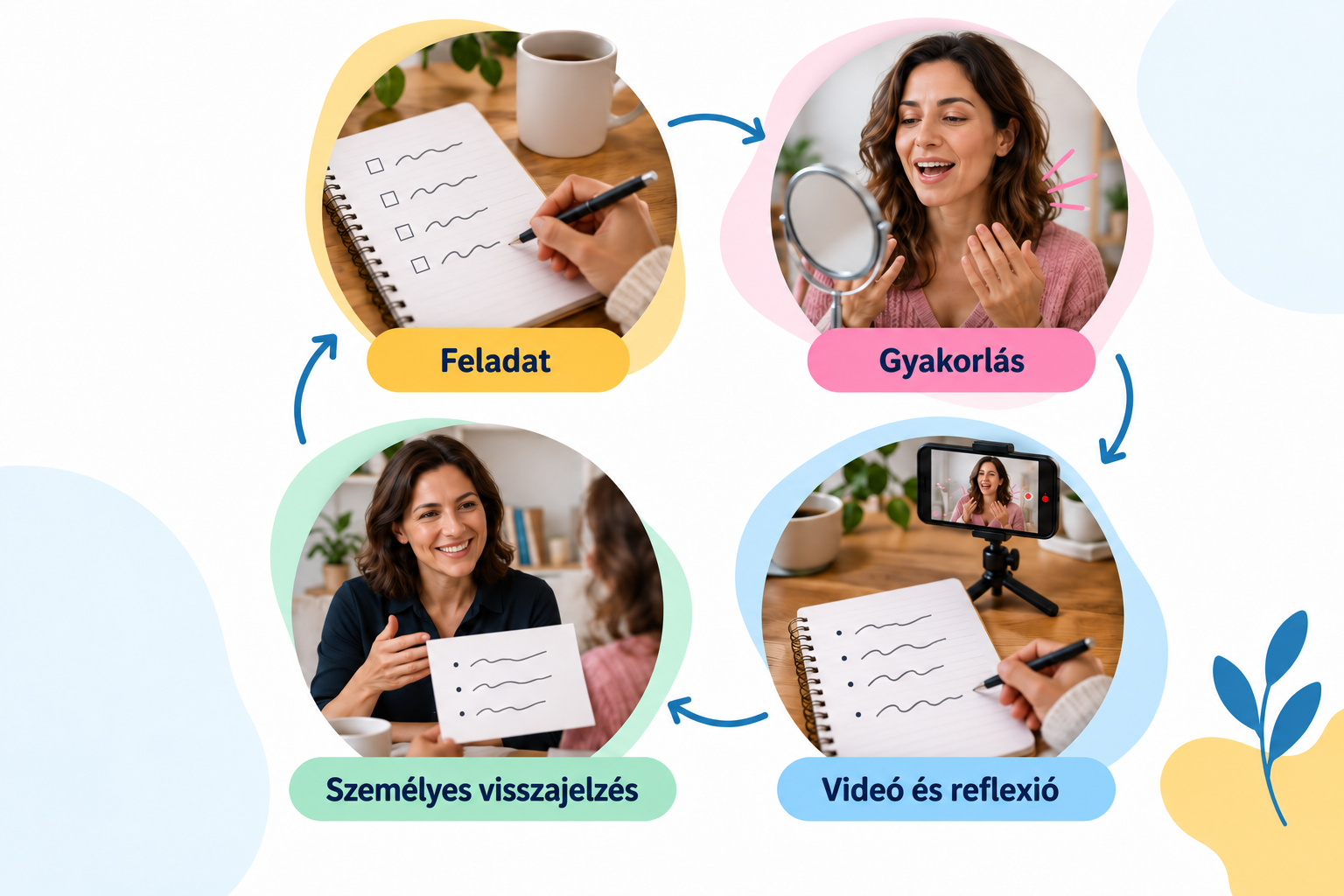 Feladat, gyakorlás, videó és reflexió, személyes visszajelzés: a napi kör illusztrálva