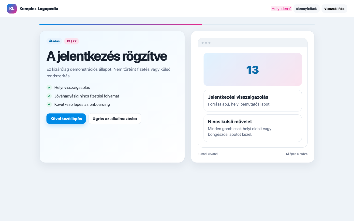 Jelentkezési visszaigazolás asztali nézet