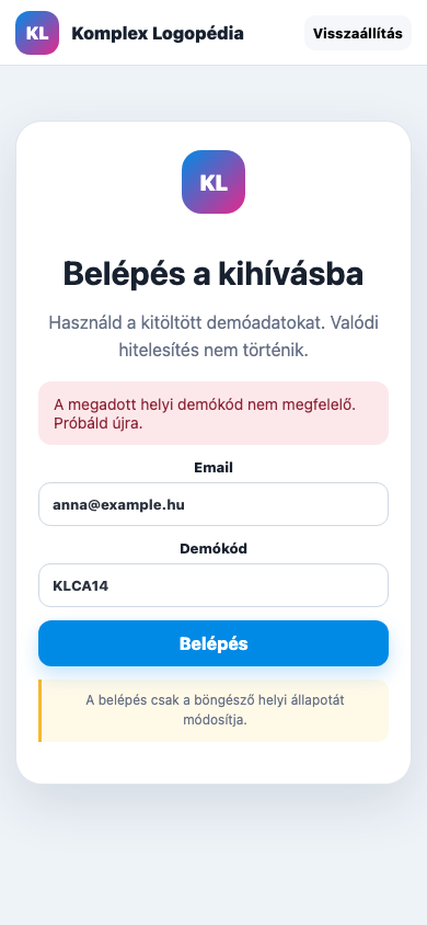 Belépés · hiba mobil nézet