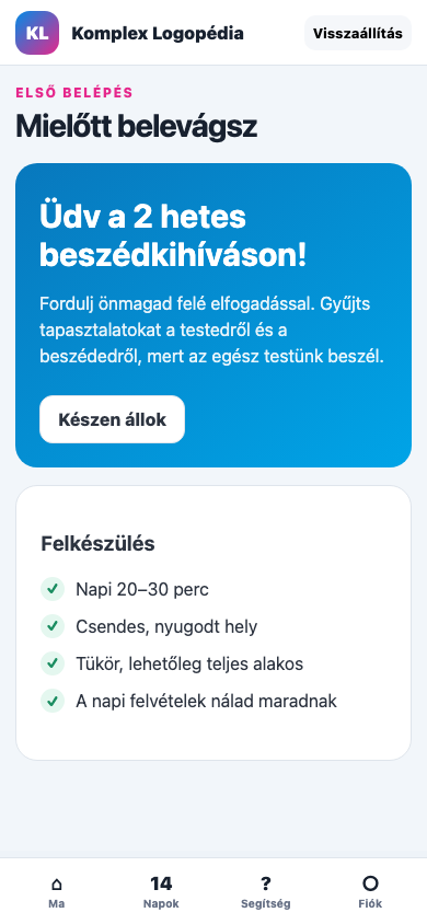 Első belépés mobil nézet