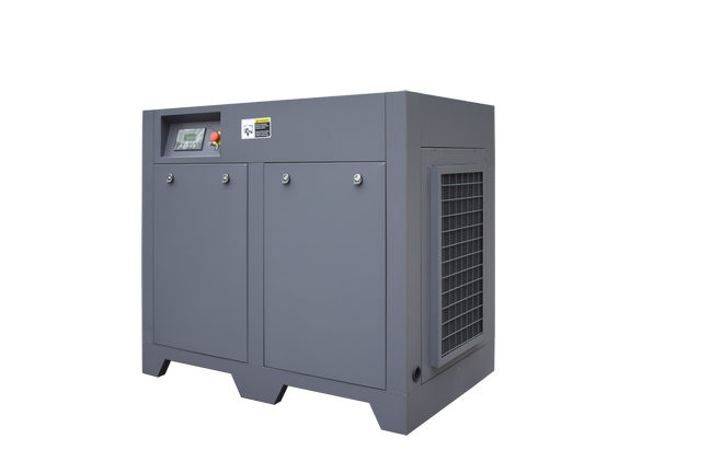 Gray industrial compressor cabinet shown on a black background.