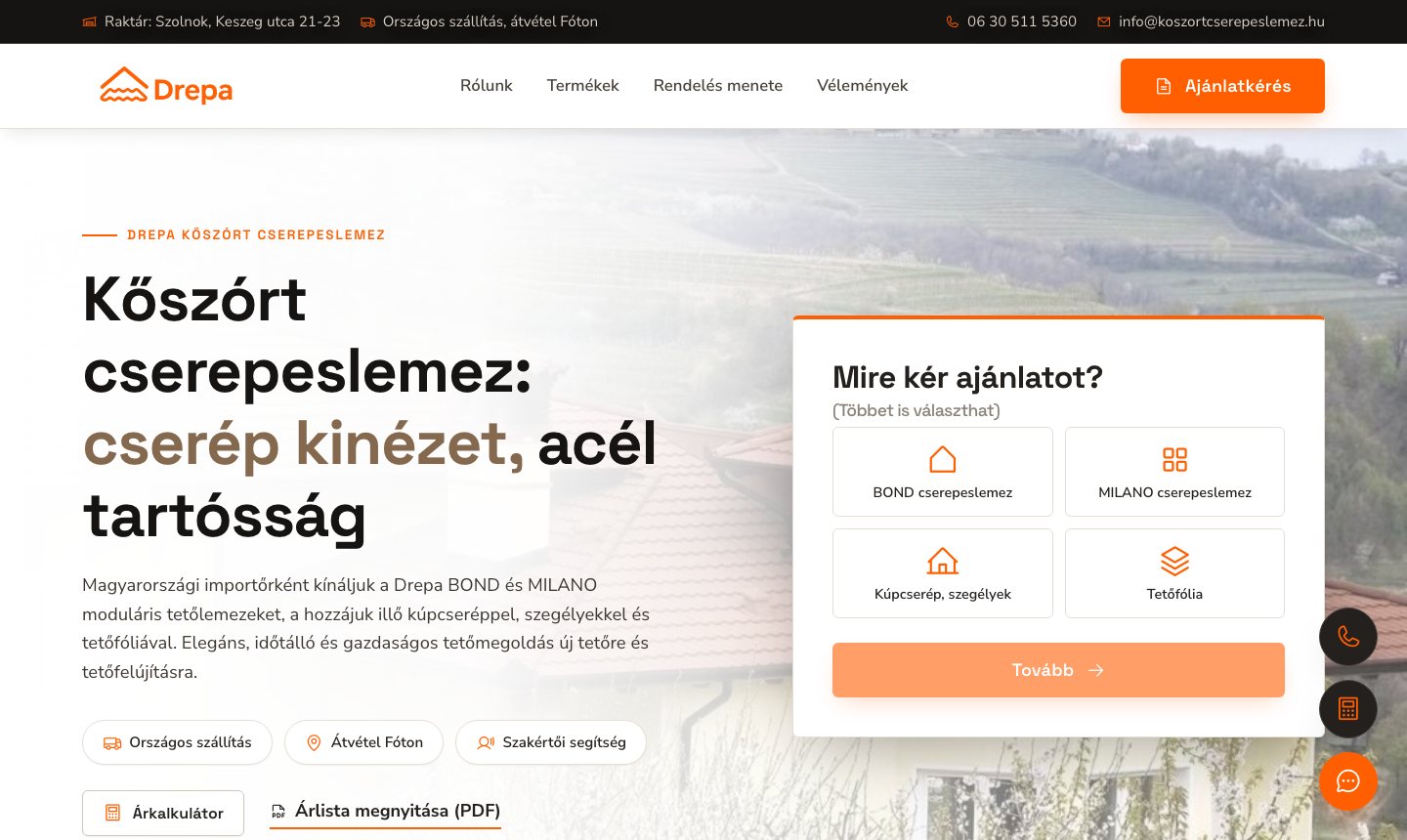 A koszortcserepeslemez.hu új főoldalának látványterve: nyitó rész termékválasztós ajánlatkérővel