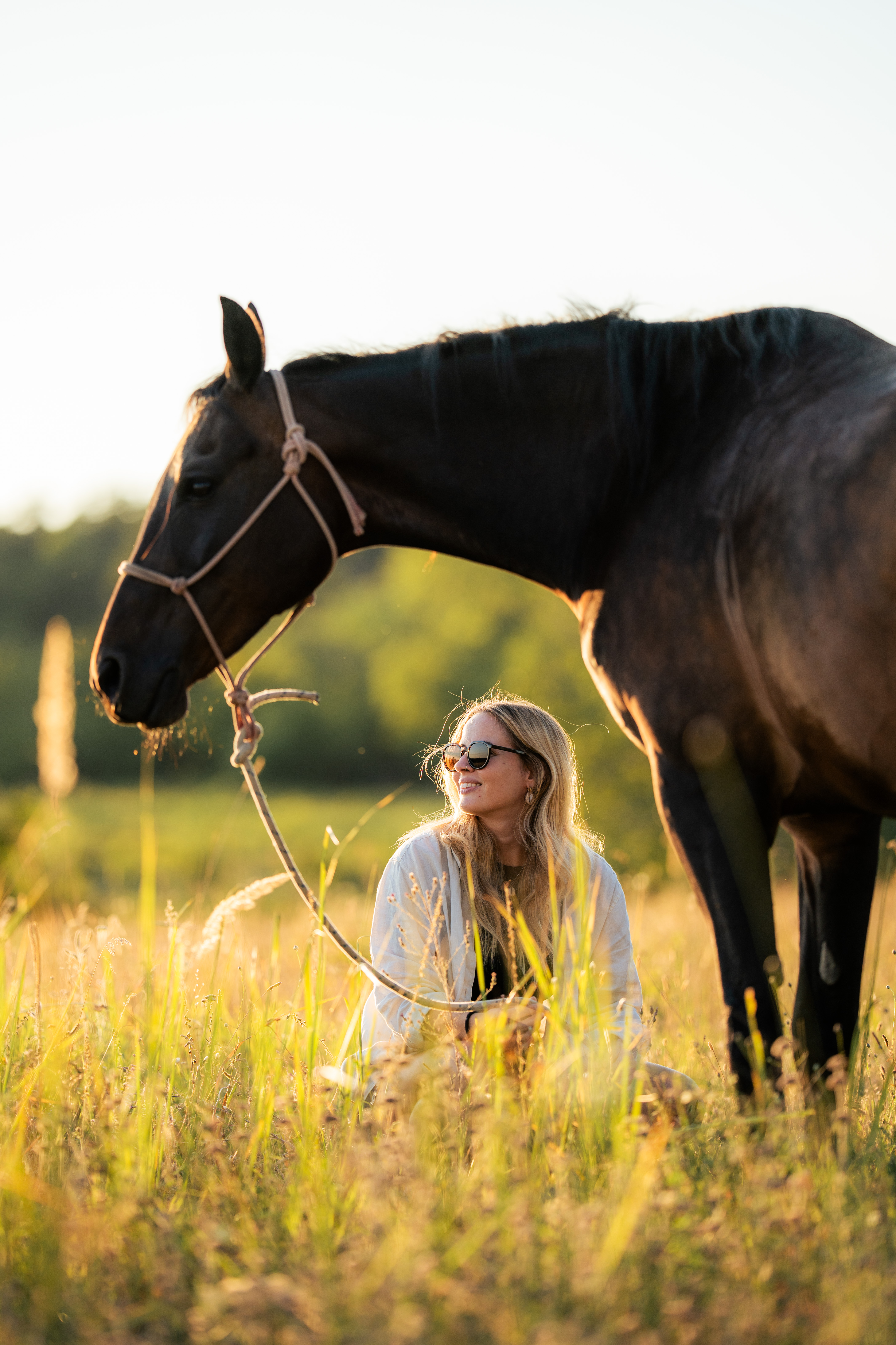 A dark horse in a pale rope halter fills most of this vertical frame, with its head and neck extending across the upper and left portions. A blonde person wearing dark sunglasses and a light cardigan is cropped near the lower right, looking upward toward the horse. Tall sunlit grass fills the foreground, and soft green foliage forms the background. No text is visible.