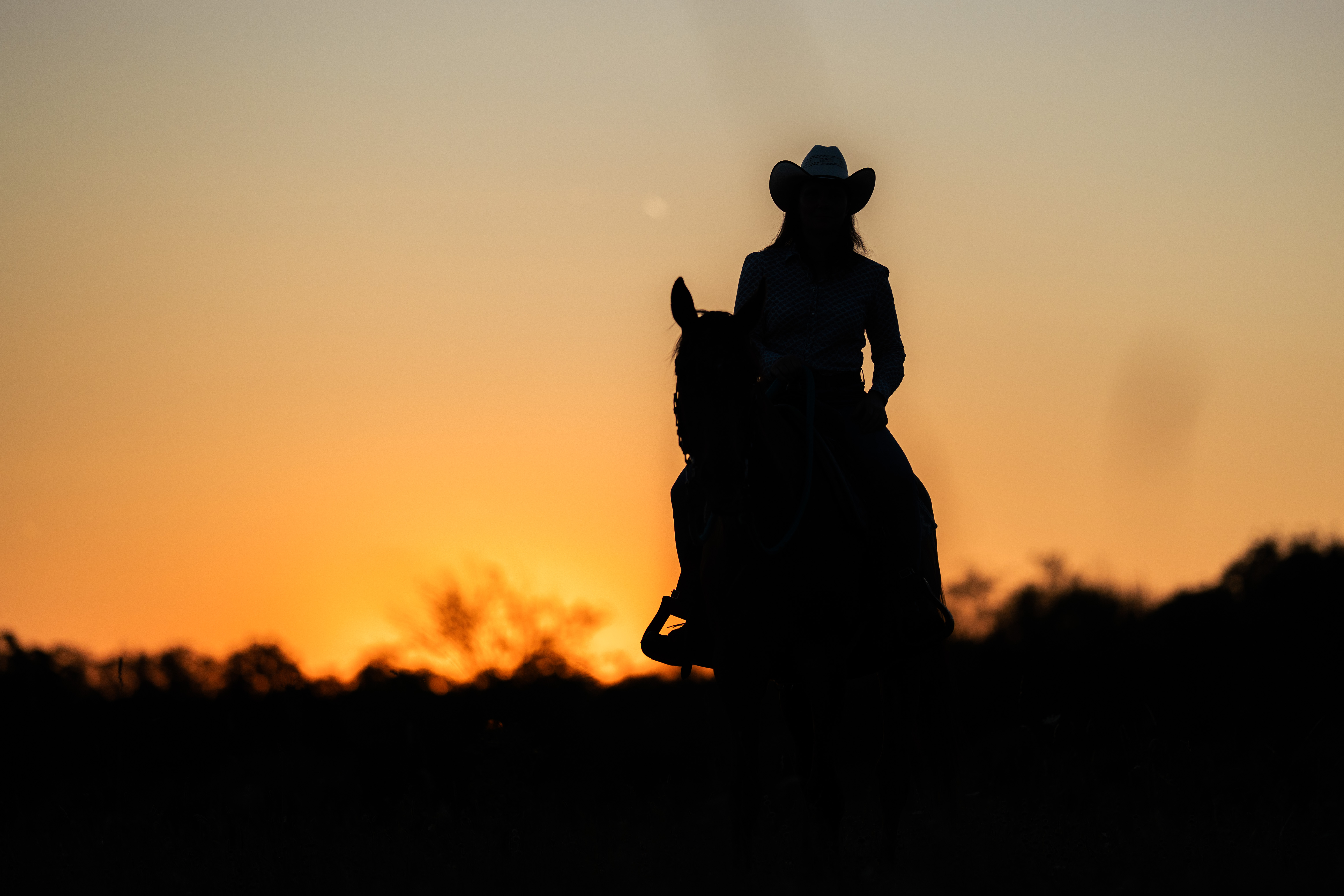 A silhouetted person wearing a wide-brimmed hat is mounted on a horse facing the camera. The pair occupies the right side of the wide frame, leaving a broad expanse of smooth orange sky to the left. Dark vegetation forms a low band along the bottom edge. No text is visible.