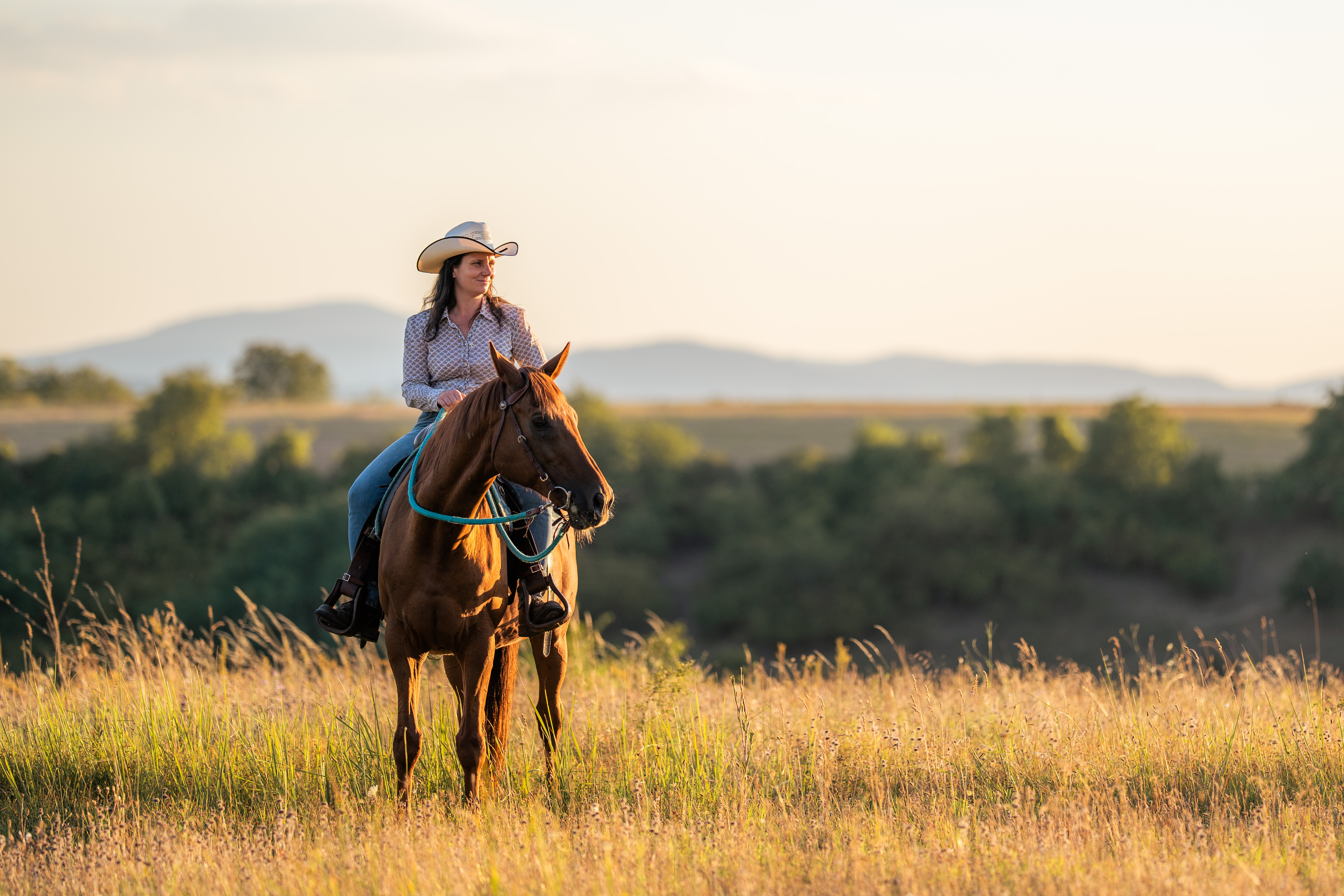 A person in a white wide-brimmed hat and patterned shirt rides a brown horse through a grassy field. The horse faces forward with its head turned slightly to the right, and a turquoise rein crosses its neck. The rider and horse are placed near the center-left, with distant trees and low hills below a broad pale sky. No text is visible.