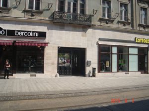 Utcai üzlethomlokzat kőburkolatos részletekkel.