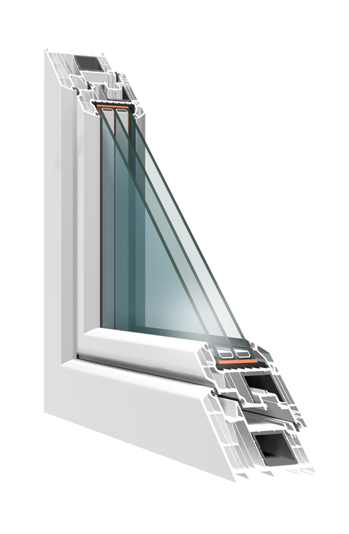 Angled cutaway illustration of a glazed window profile.