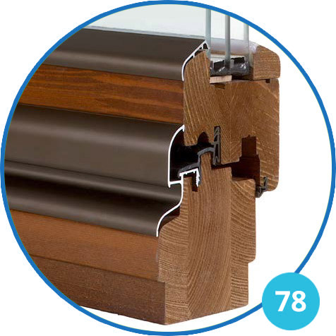 Brown wood window and roller-shutter profile diagram labelled 78.