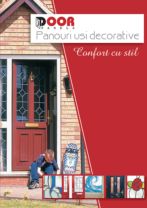 Decorative door panel brochure cover with a red entrance door and product samples.