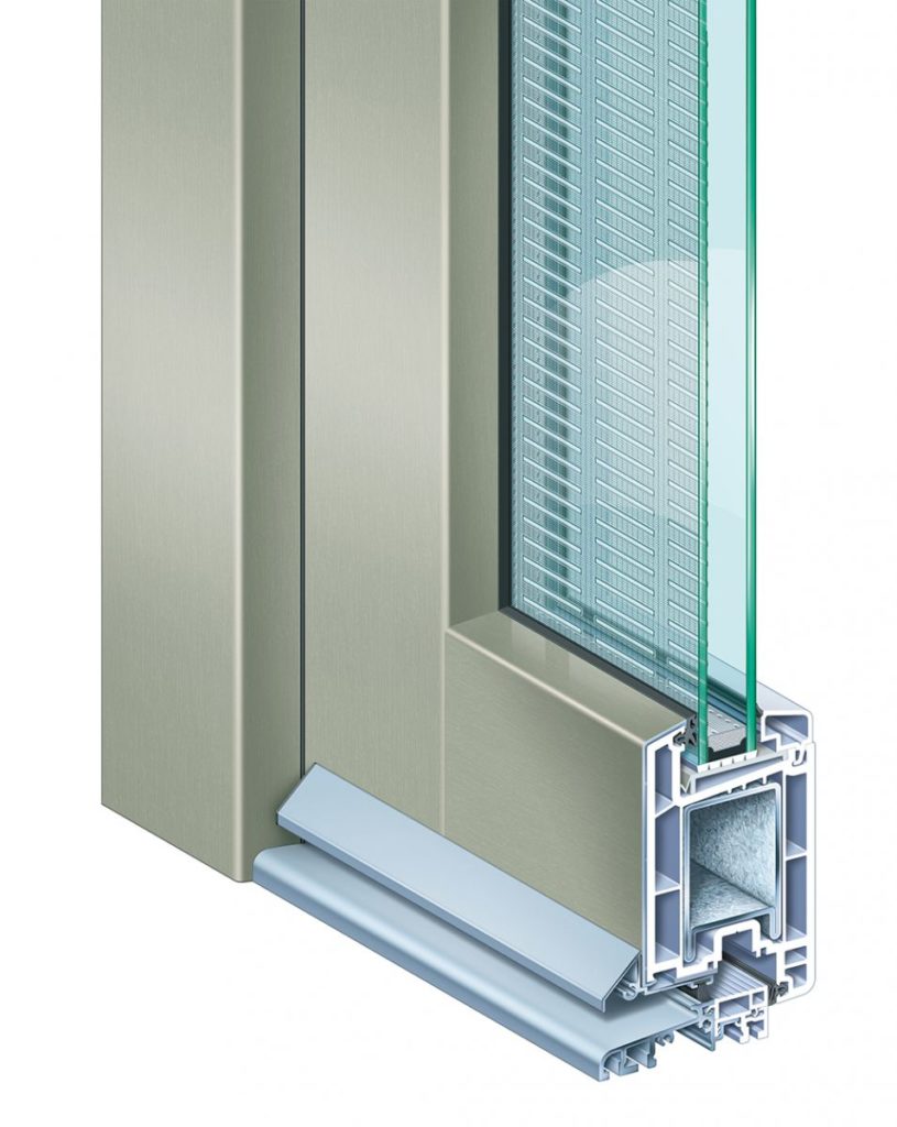 Grey window profile with a horizontal louvered insert in the glazing.