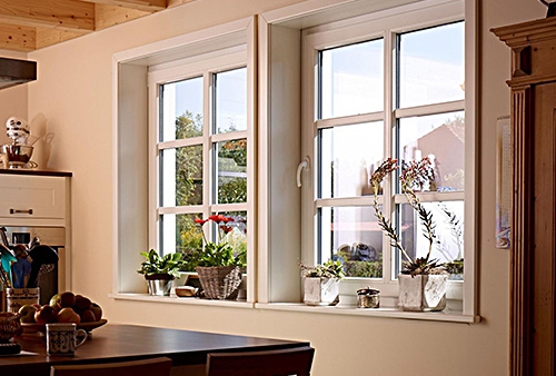 Interior with white multi-pane windows, plants, and a dining table.
