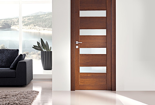 Modern brown interior door with four horizontal white glass inserts.