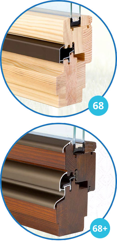 Two circular wood window and roller-shutter profile diagrams labelled 68 and 68+.