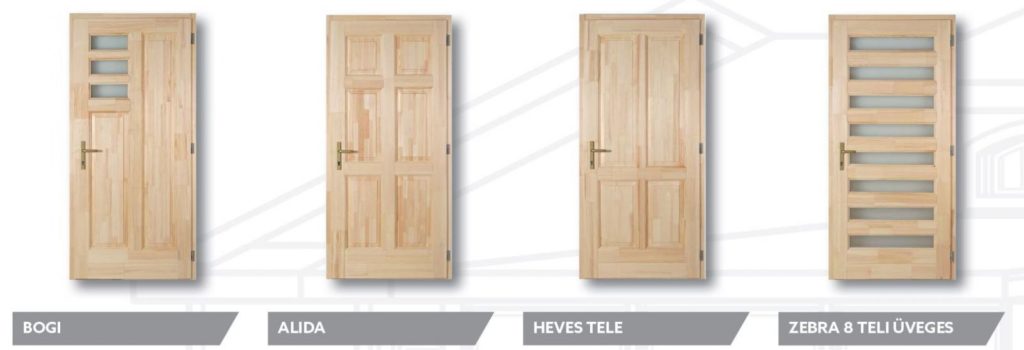 Four natural wood door models labelled Bogi, Alida, Heves Tele, and Zebra 8 Teli Üveges.
