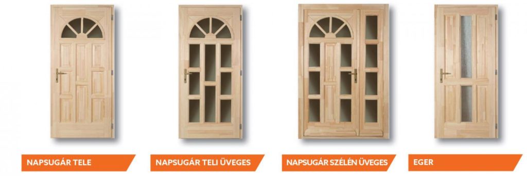 Four natural wood door models labelled Napsugár and Eger.
