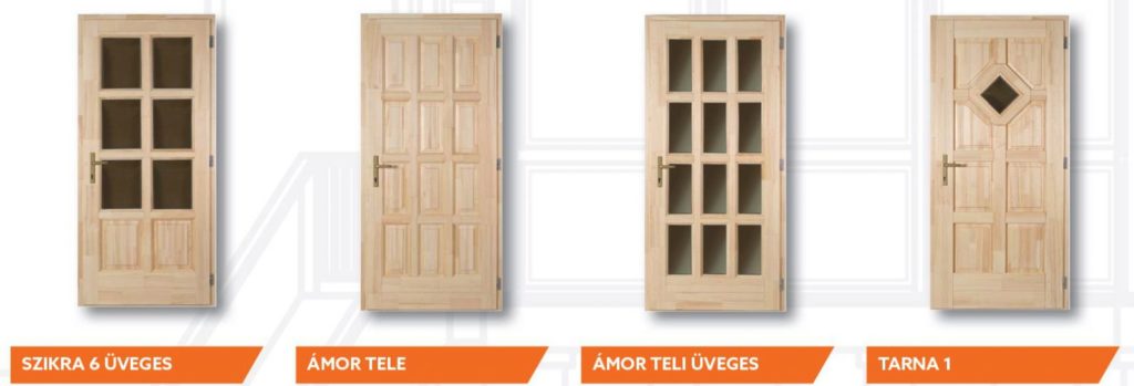 Four natural wood door models labelled Szikra, Ámor, and Tarna.