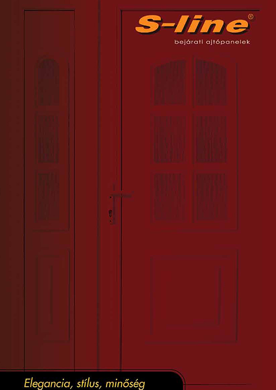 S-line entrance door panel brochure cover in dark red.