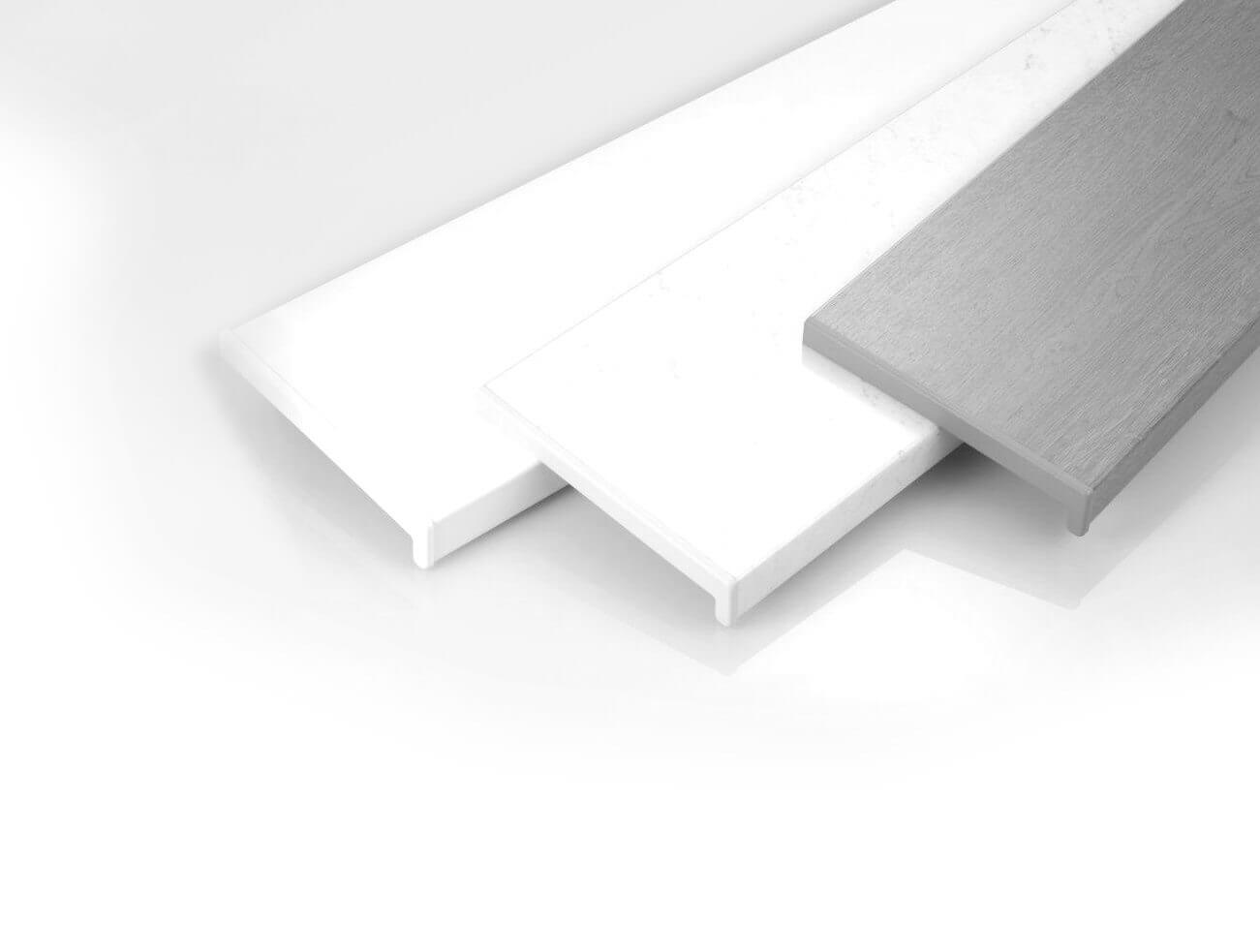 White and grey windowsill or trim samples on a white background.