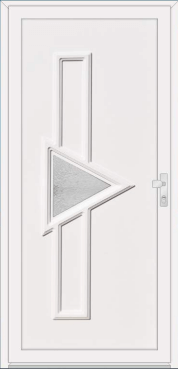 White door with an angular triangular textured-glass insert.