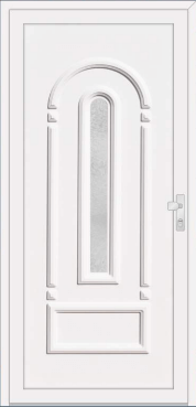 White door with a narrow arched glass insert and lower rectangular panel.
