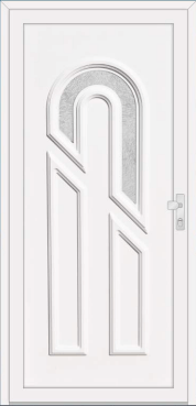 White door with an arched textured-glass insert and two lower panels.