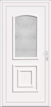 White door with an arched textured-glass panel and square lower panel.