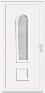 White door with a tall arched textured-glass insert.