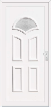 White door with a broad arched textured-glass panel.